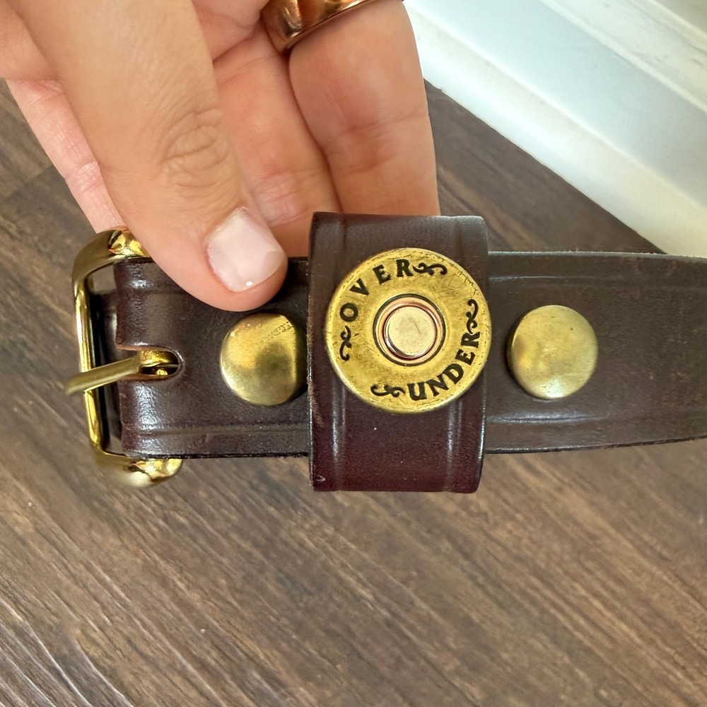 Over Under Kids Brown Leather Shotgun Shell Brass Buckle Belt Made in USA 28" - Picture 3 of 7